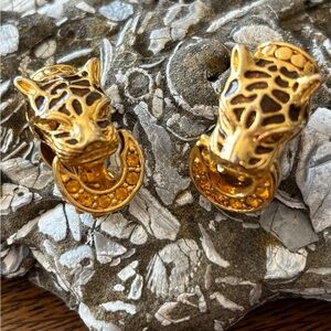 Gold Leopard Door Knocker Earrings Clip/On Rhinestone Details